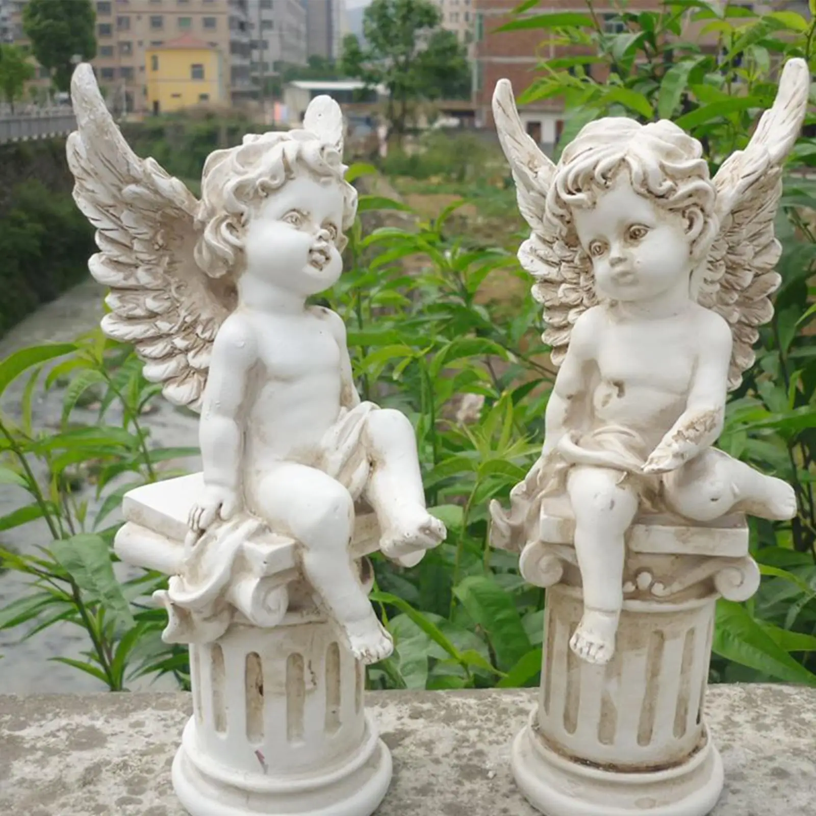 2 Pieces Cherub Statues- Roman Pillar Memorial Props- Garden Figurines- Indoor/Outdoor