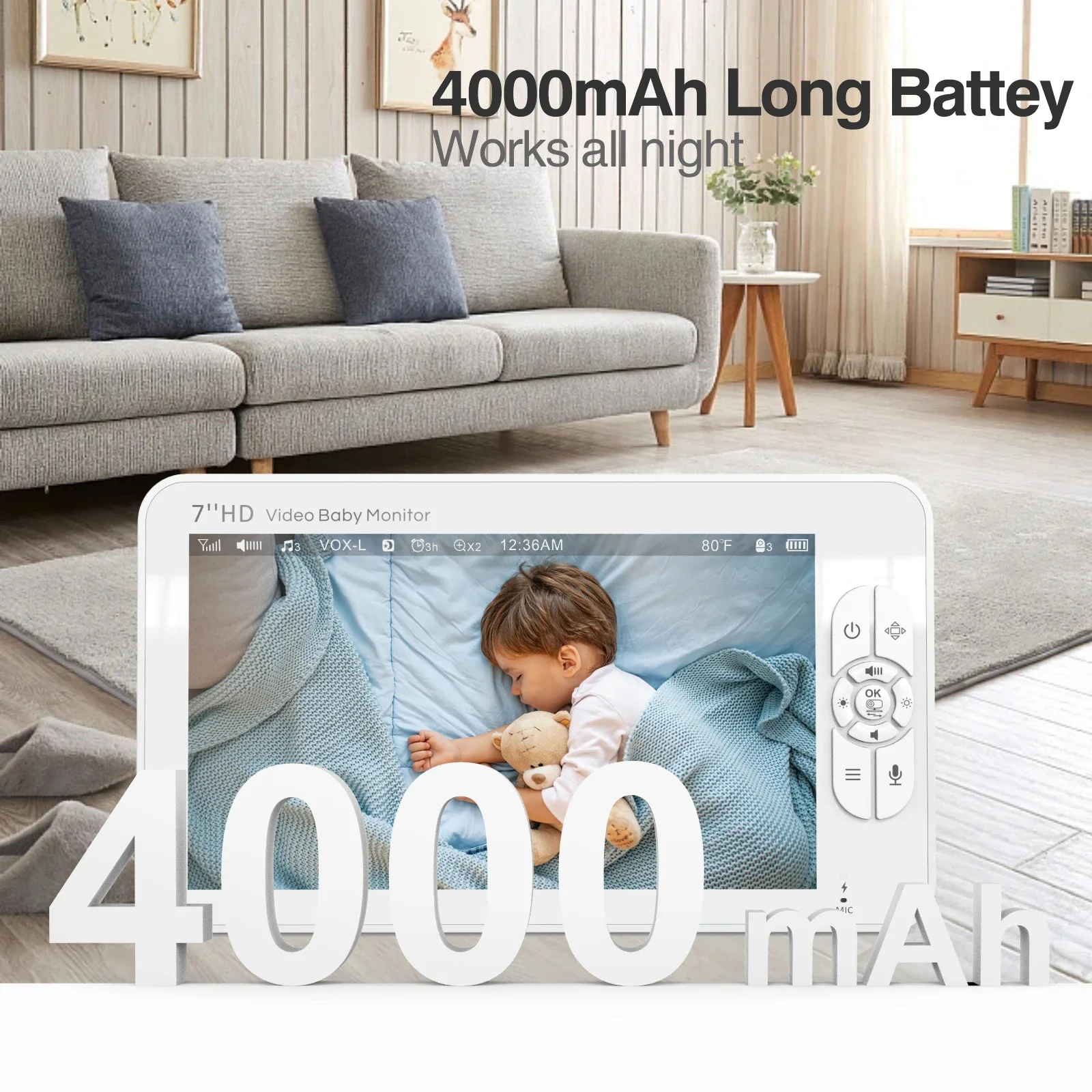 7" HD Split Screen Video- Baby Monitor- No WiFi- Baby Camera Monitor- Hack Proof- Remote Zoom/Pan/Tilt- 4000mAh Battery - Image 2