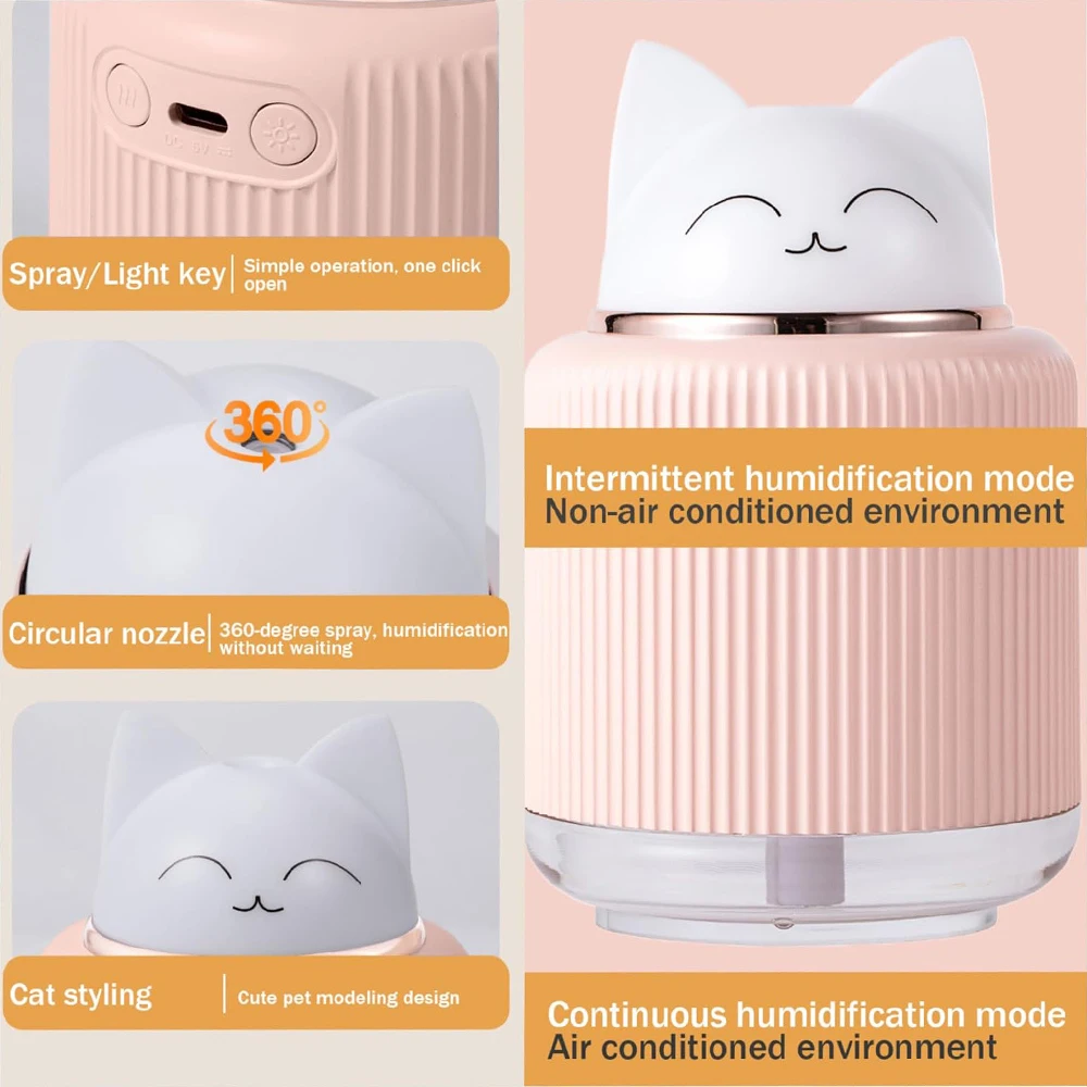 Mini Humidifier- Cat Mist Humidifier for Kids' Bedroom- Small Ultrasonic Humidifier with USB- 2 LED Colors - Image 3