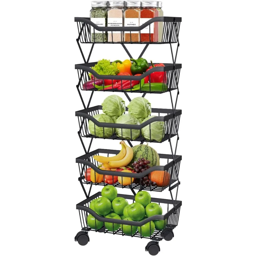 Fruit/ Vegetable Storage Baskets- 5-Tiers Stackable Metal Wire Basket- Kitchen Cart with Wheels
