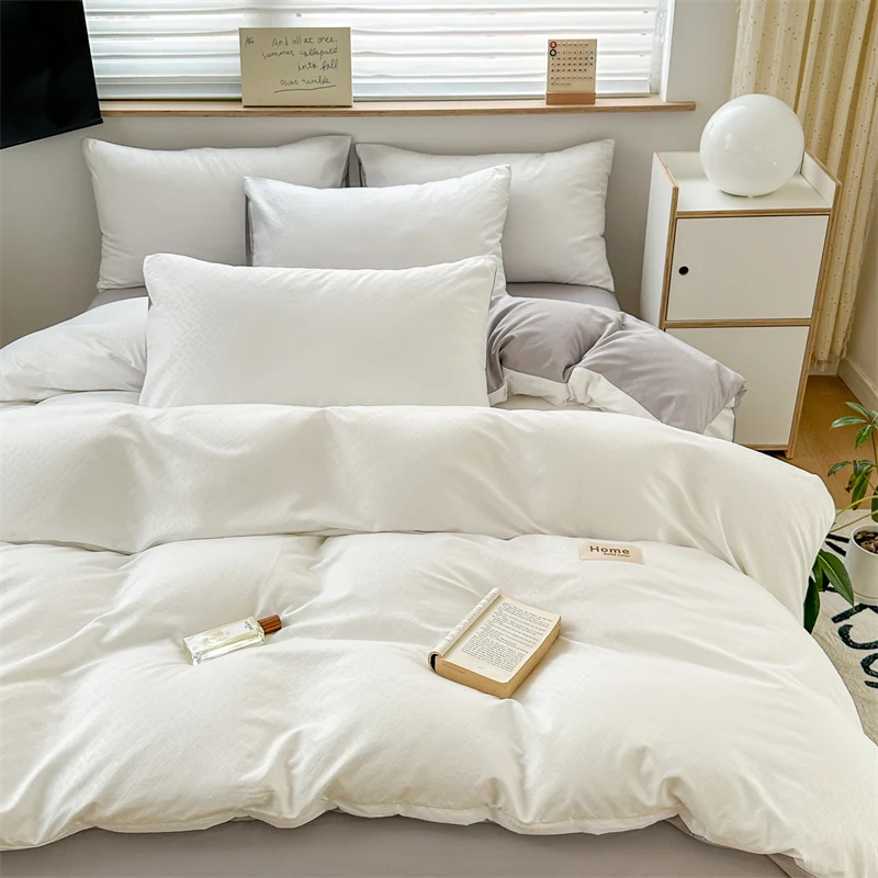 Washed Cotton Waffle Jacquard Bedding Set- Duvet Cover with Zipper- Pillow Cases- Contrasting Colors- Super Soft- Different Sizes and Colors - Image 19