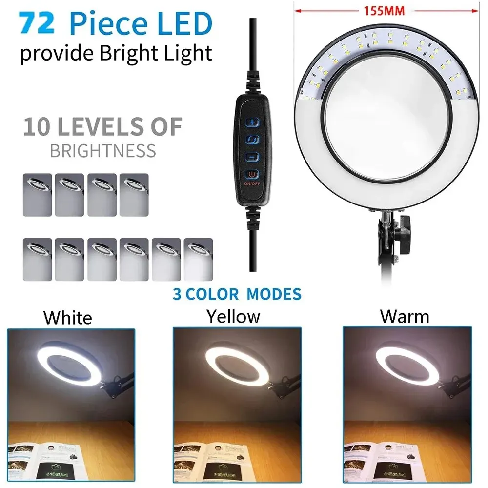 72 LED 8X/10X Illuminated Magnifier- USB 3 Colors LED Magnifying Glass- for Soldering, Skincare Beauty, Diamond Painting, Detail Work, etc. - Image 4