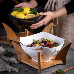 High-quality Porcelain Salad Bowl with Wood Stand- Black and Gold or White and Gold