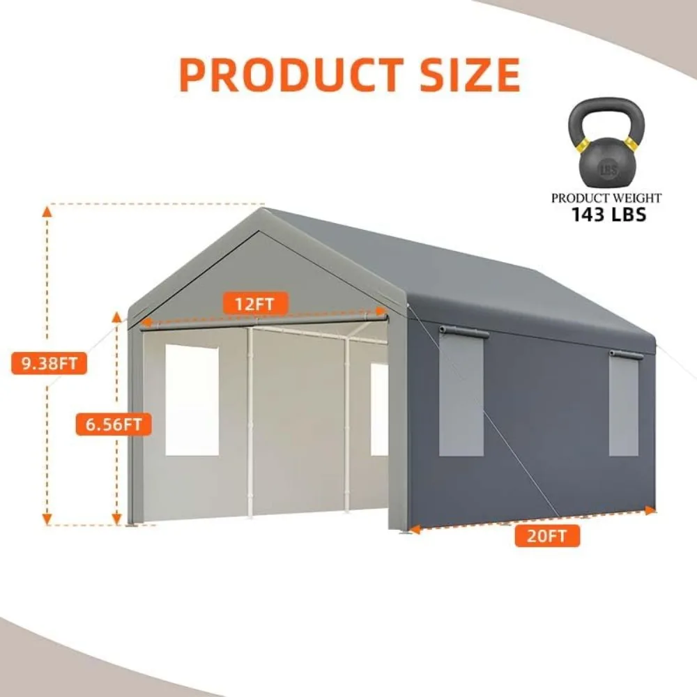 10x20 ft Grey, Heavy-duty Carport with Roll-up Windows- Portable Garage with Removable Side Walls & Doors - Image 2