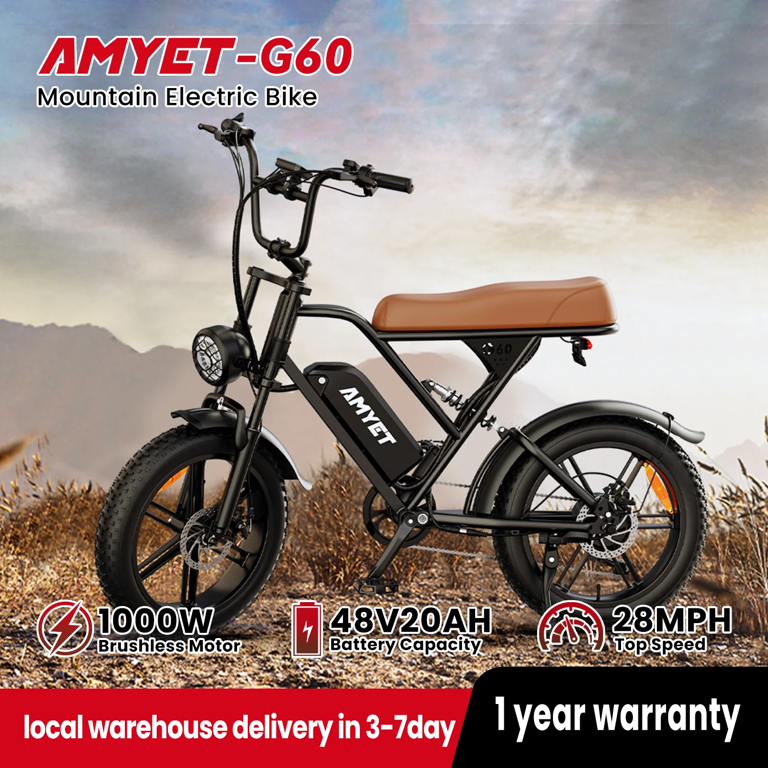 V9-G60 Adult Electric Bike- 1000W Motor Bicycle- 48V 20AH- 20“ Tires- Electric E Bike- Mountain Moped