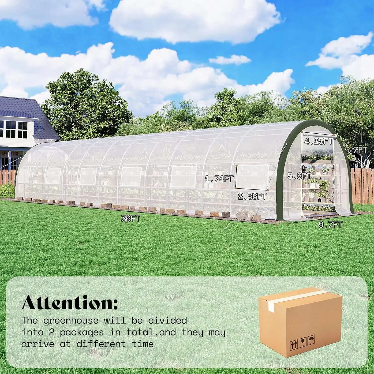 36x9.7x7 FT Large Walk-in Tunnel Greenhouse- Watering System- 2 Zipper Doors- Heavy-Duty Greenhouse - Image 2
