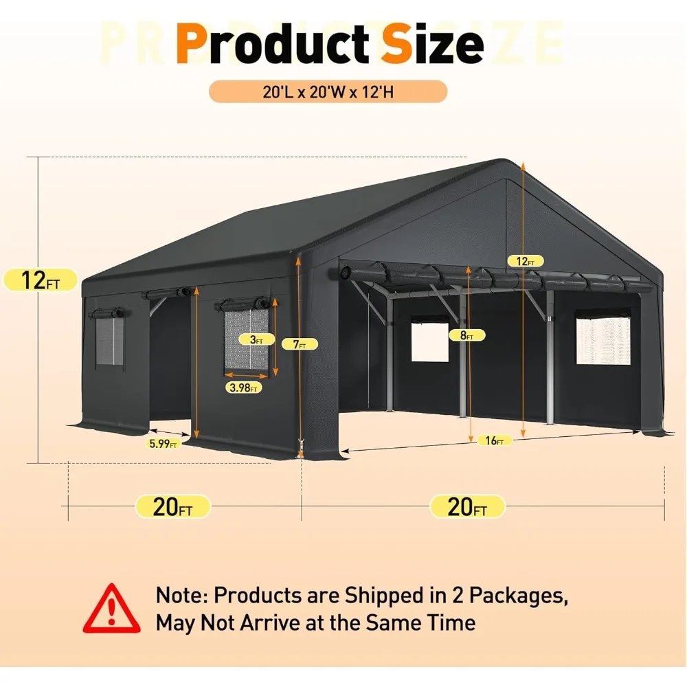 Extra-large 20x20-foot Heavy-duty Metal Carport for All-weather Conditions- Vehicle Protection with Side-opening Door - Image 6