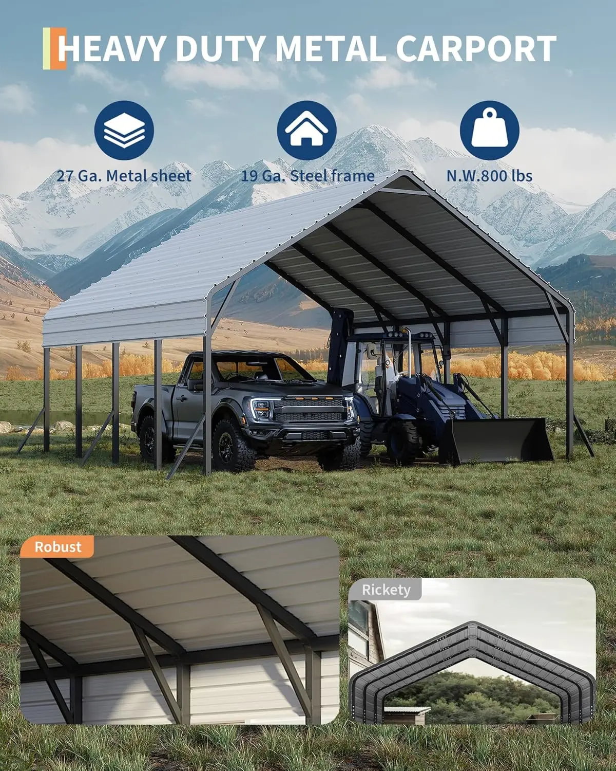 20'x20'x13' Metal Carport for 2 Cars- Heavy-duty Steel Frame- All Weather- Permanent Shelter for Boats, Full-Sized Pickup - Image 2