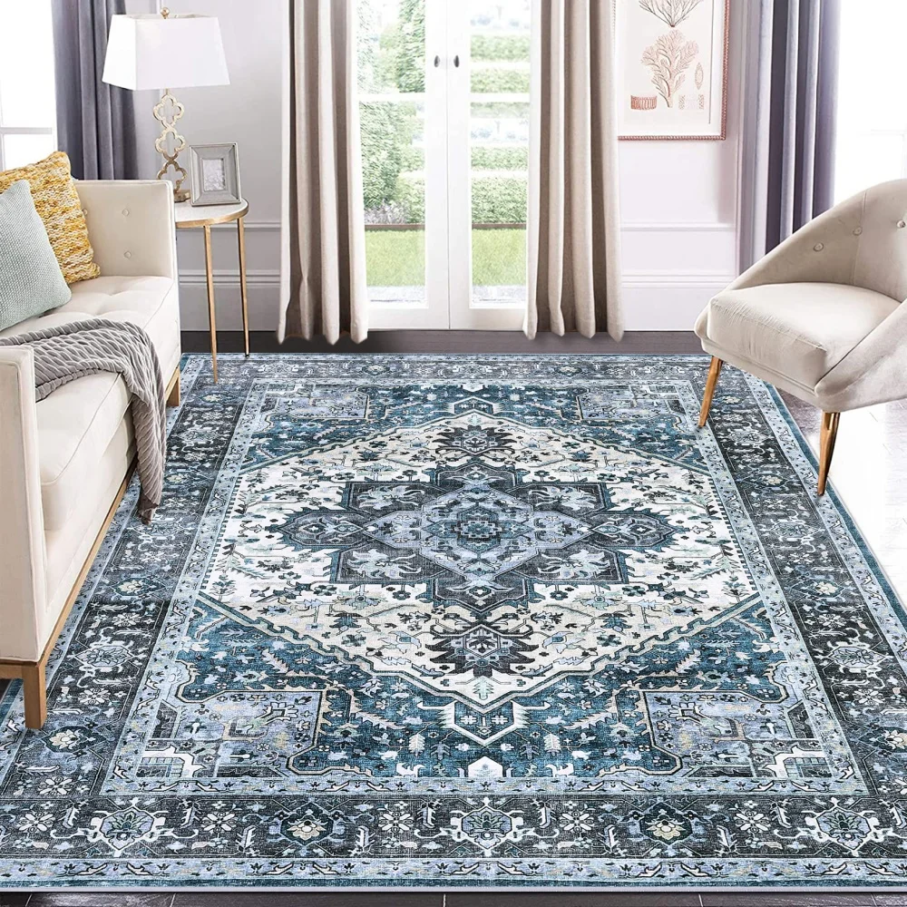 8x10' Living Room Rug- Low Pile Non-Slip Accent Rug- Washable