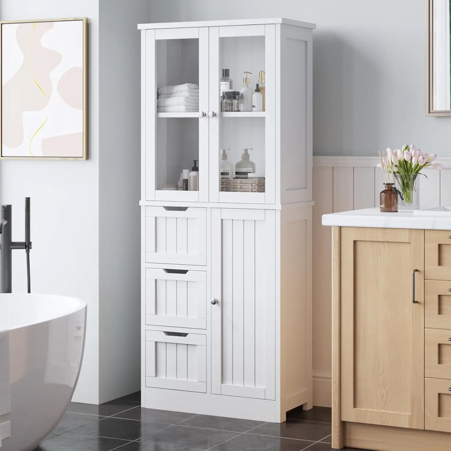 Tall Bathroom Storage Cabinet- 3 Drawers- 58.5" Linen Cabinets for Laundry- 2 Acrylic Doors - Image 7