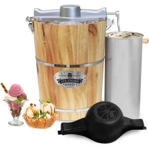 Elite Gourmet Old Fashioned 6-Quart Vintage Wood Bucket- Electric Ice Cream Maker Machine- Die-Cast Hand Crank for Churning