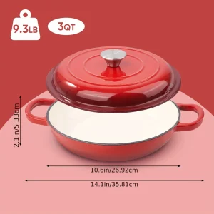 3-Quart Cast Iron Enameled Dutch Oven- Lid- Double Handles- Suitable for Cooking and Stewing- 2 Colors