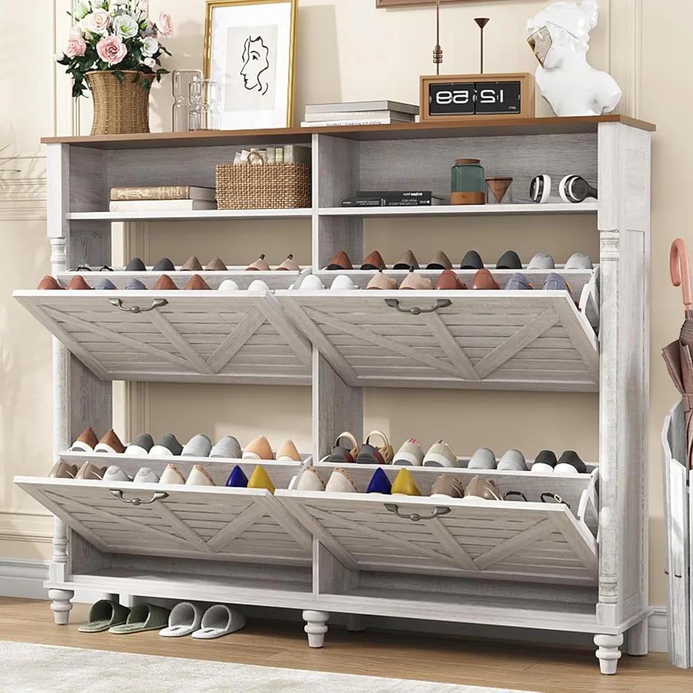 Large Shoe Cabinet with 4 Flip Drawers- Farmhouse Shoe Organizer- 2 Open Storage Shelves - Image 6