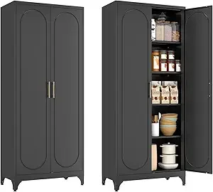 Kitchen Pantry Cabinet- 75" Tall Metal Pantry Storage Cabinet- Doors and Adjustable Shelves- Black or White - Image 7