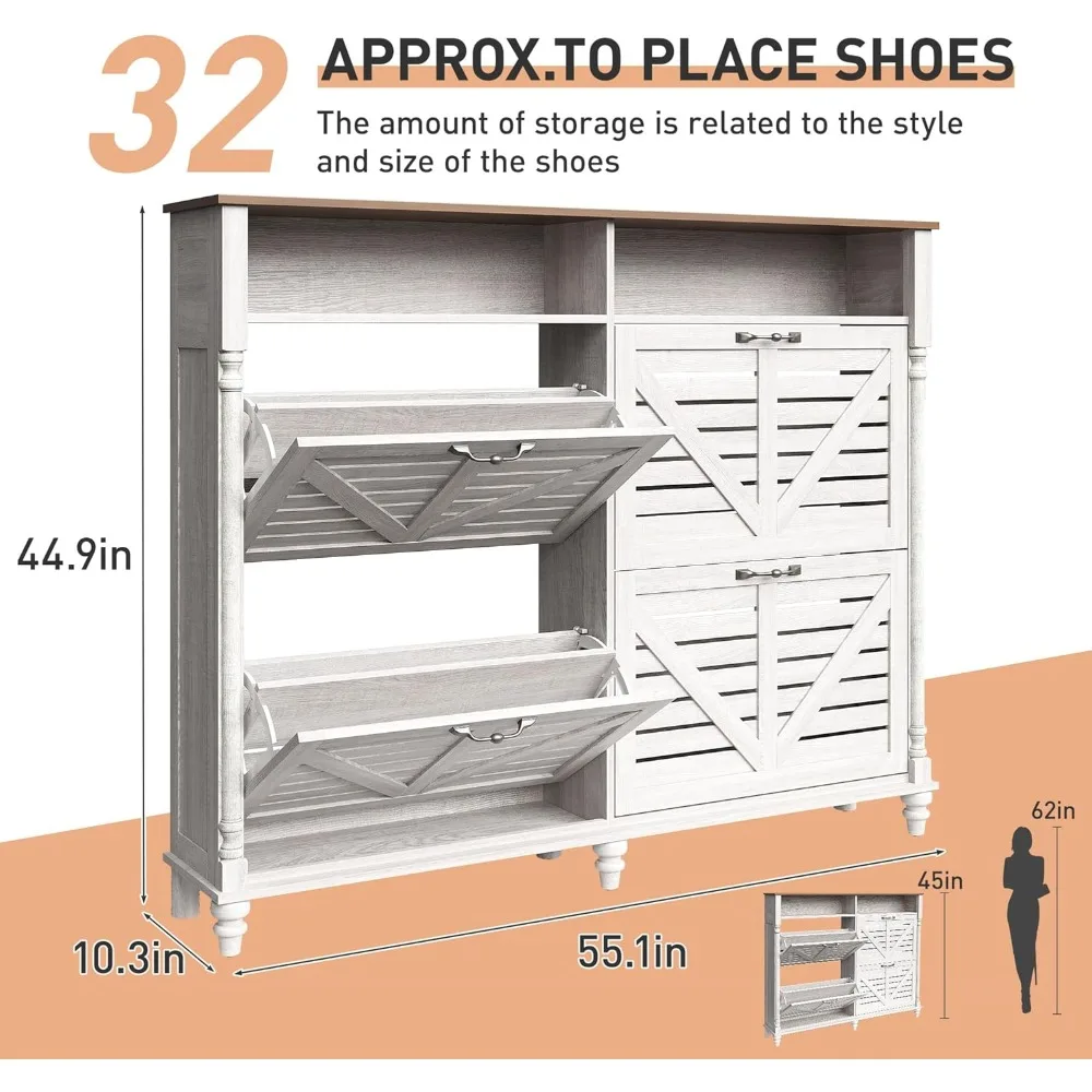 Large Shoe Cabinet with 4 Flip Drawers- Farmhouse Shoe Organizer- 2 Open Storage Shelves - Image 2