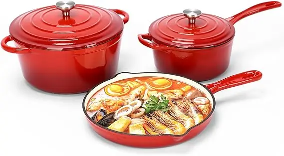 Nonstick, Enameled Cast Iron Cookware Set- 5-Pcs- Frying Pan/Skillet (No Lid)- Saucepan with Lid- Healthy Round Dutch Oven with Lid - Image 7