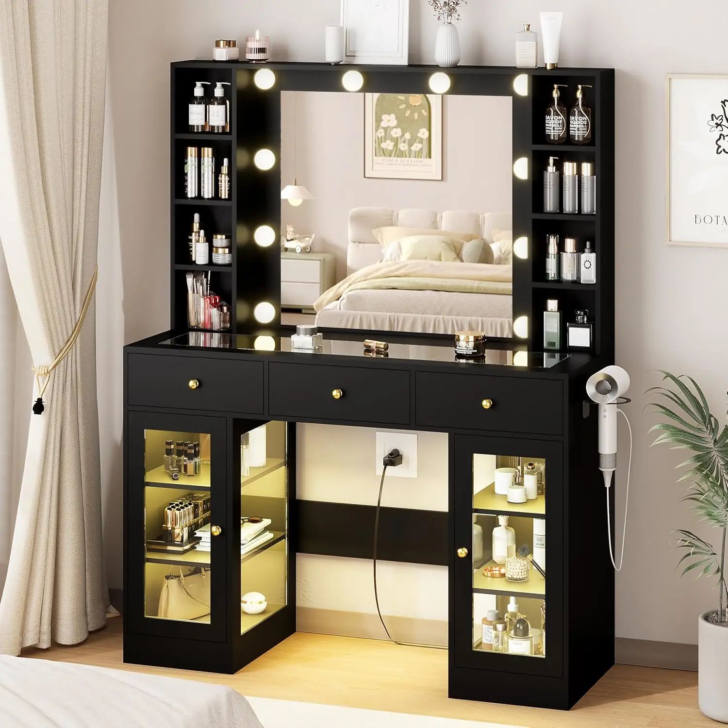 White Vanity Desk with Mirror and Lights- Glass-Top Vanity with Lighted Mirror- 3 Drawers - Image 7