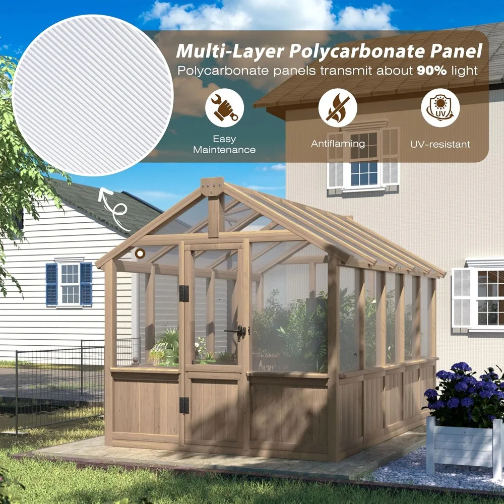 6' x10' Wood Greenhouse- Lockable Door- Cedar Frame- Adjustable Vent- 6MM Thick Polycarbonate Panels - Image 5