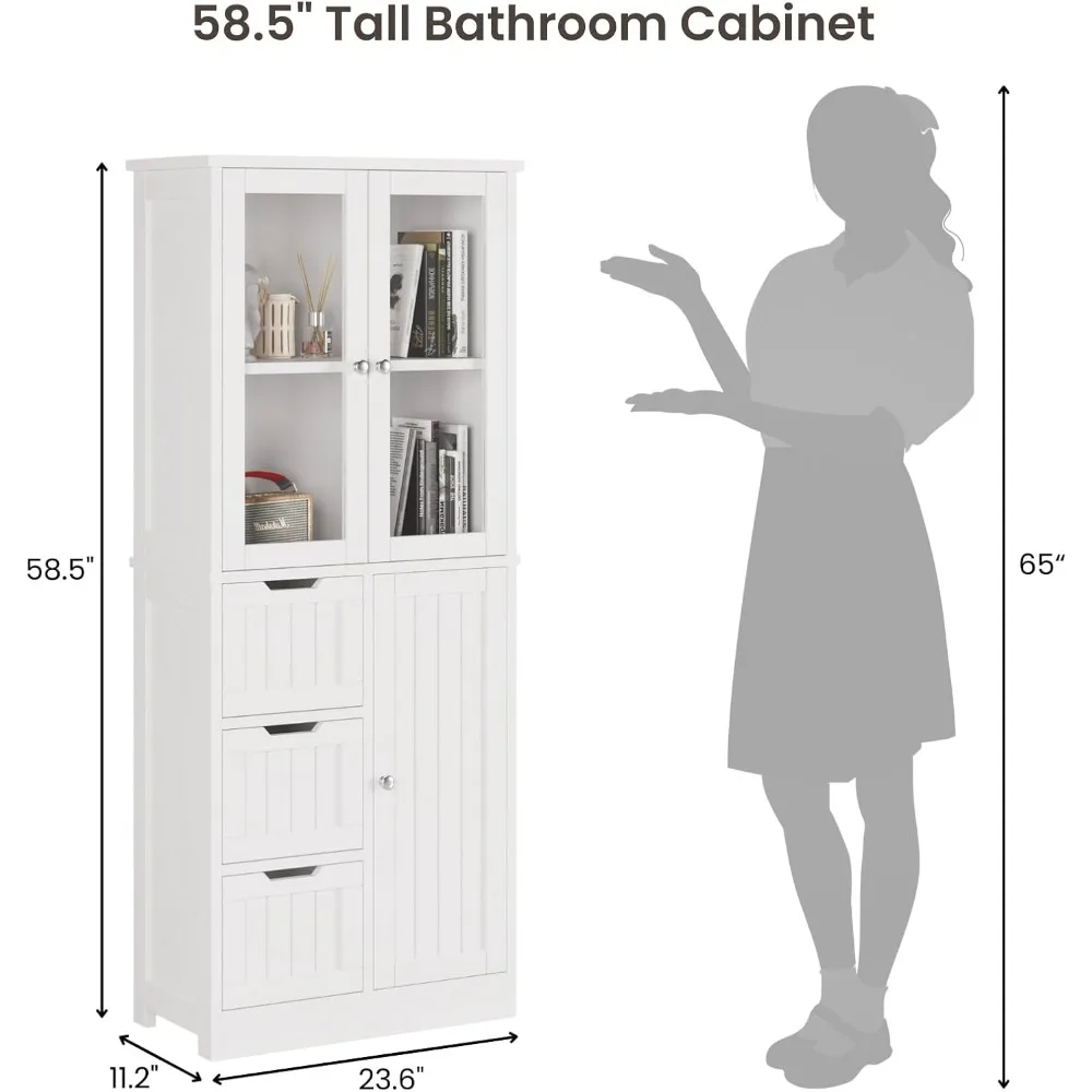 Tall Bathroom Storage Cabinet- 3 Drawers- 58.5" Linen Cabinets for Laundry- 2 Acrylic Doors - Image 2
