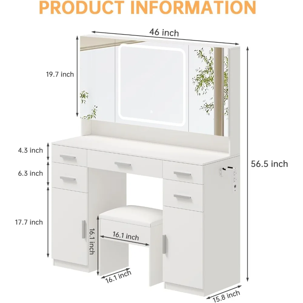 Vanity Desk with Mirror and Lights- 7 Drawers- Tri-Folding Mirror- 3 Colors Lighting- Stool with Storage - Image 2