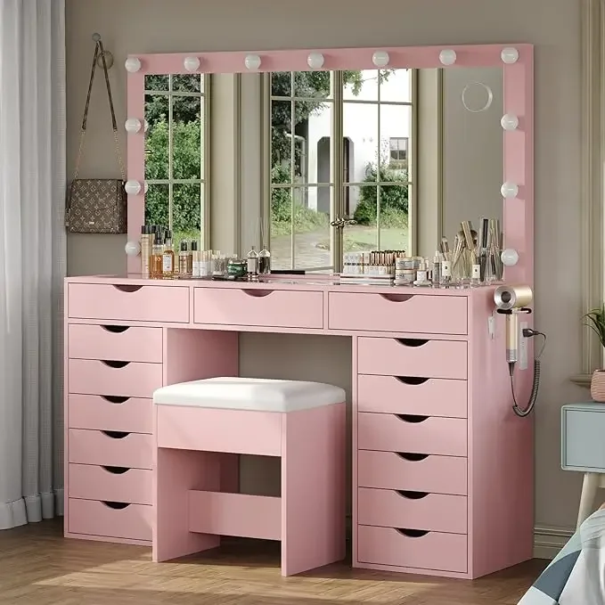 Vanity Desk with Mirror and Lights- Charging Station- 3-Color Lighting Modes- 15 Drawers and Stool - Image 9