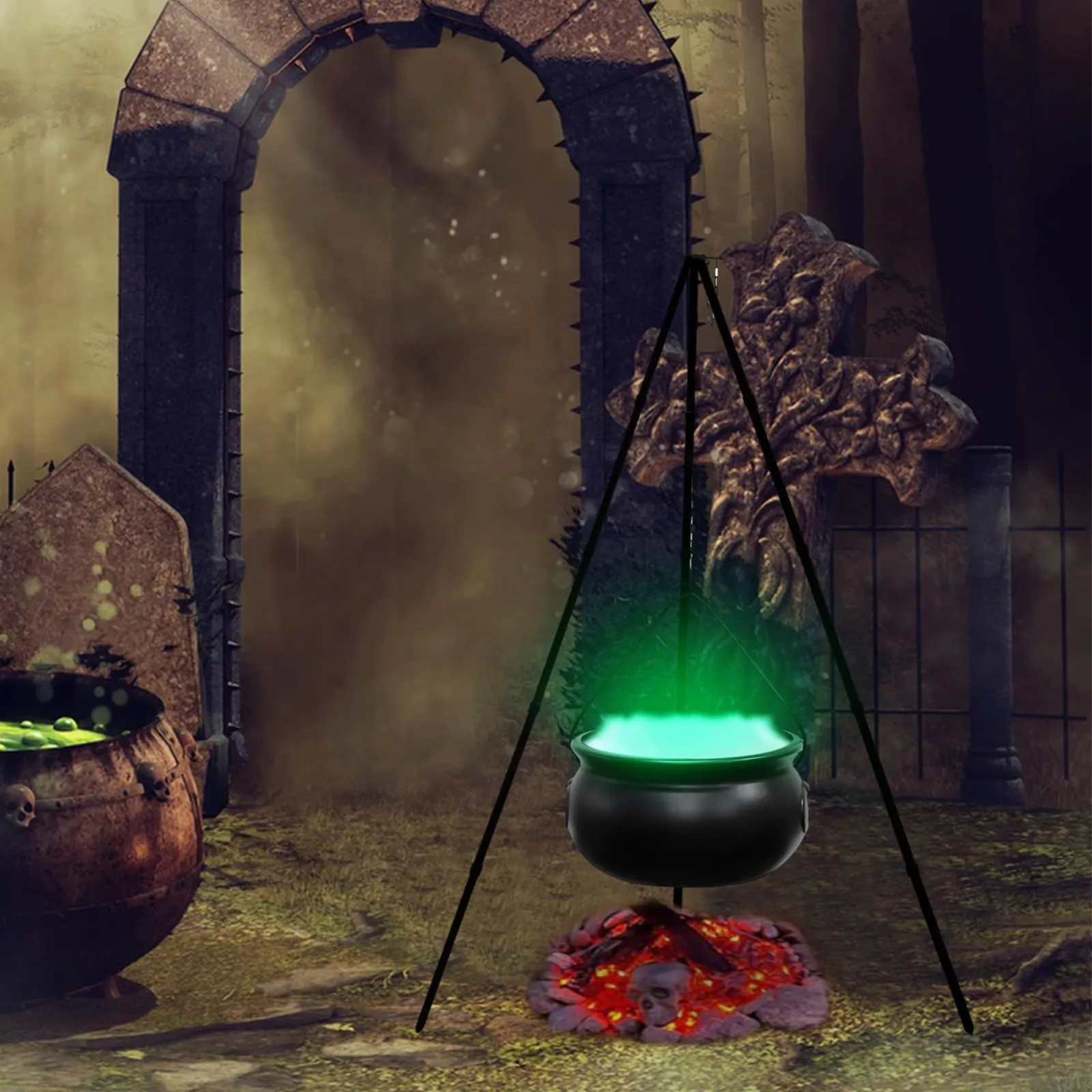 Halloween Decor- Large Witch Cauldron on Tripod with Lights - Image 4