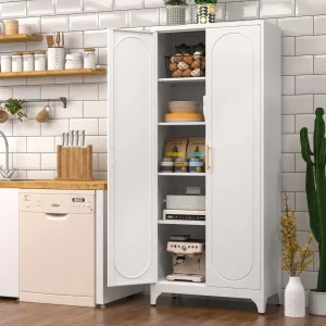 Kitchen Pantry Cabinet- 75" Tall Metal Pantry Storage Cabinet- Doors and Adjustable Shelves- Black or White