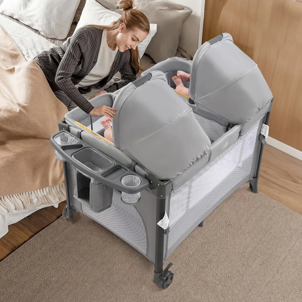 Twin Bedside Bassinet for Babies- Convertible to Bedside Sleeper and Playpen- Wheel- Brake- Foldable Side Sleeper - Image 2
