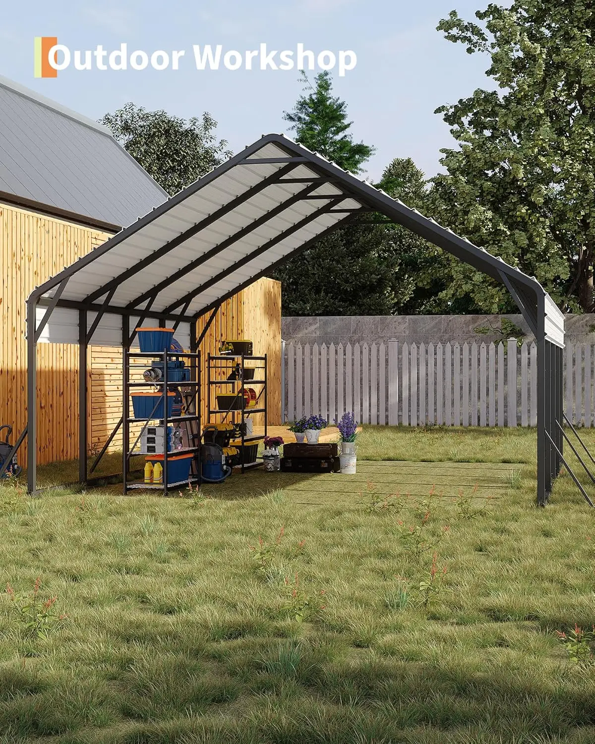 20'x20'x13' Metal Carport for 2 Cars- Heavy-duty Steel Frame- All Weather- Permanent Shelter for Boats, Full-Sized Pickup - Image 4