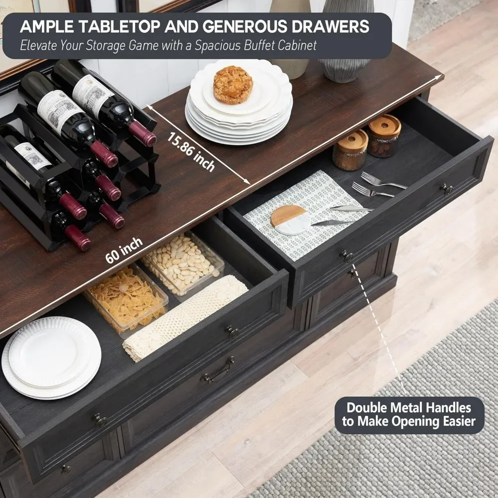 Farmhouse Buffet Cabinet- 60" Storage Cabinet with 9 Drawers - Image 4