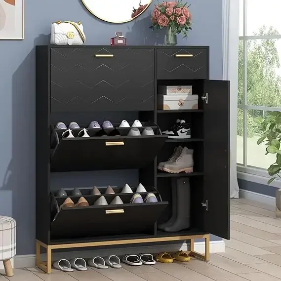 Shoe Storage Cabinet- Shoe Rack with Storage- Top Cubby- Narrow Hidden Organizer with Doors - Image 9