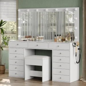 55'' W Makeup/ Vanity Desk- Power Outlet- Lighted Mirror-13-Drawers, Glass Top- 3 Lighting Modes
