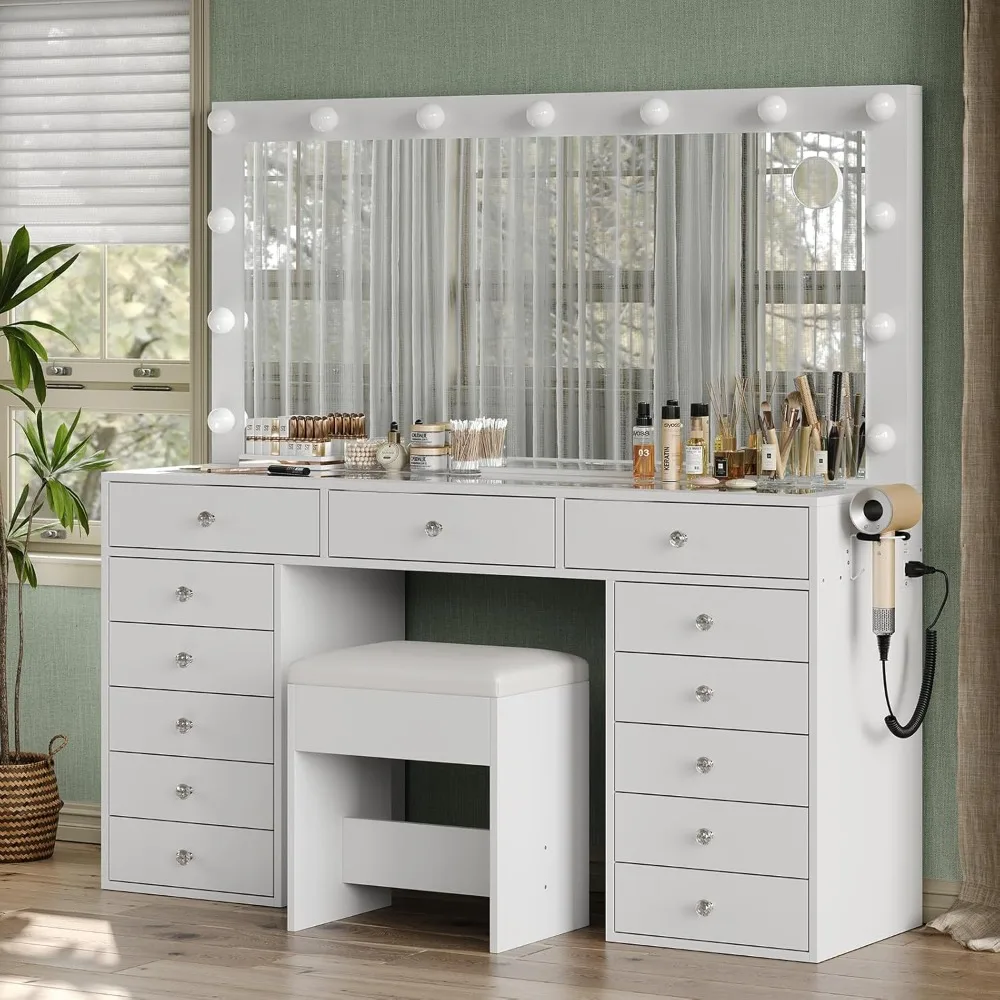 55'' W Makeup/ Vanity Desk- Power Outlet- Lighted Mirror-13-Drawers, Glass Top- 3 Lighting Modes