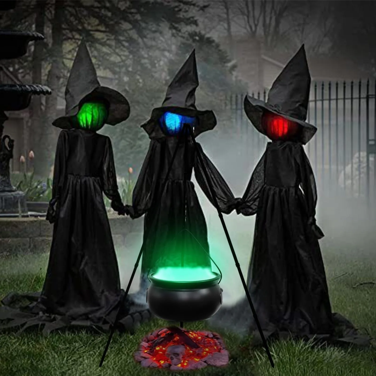 Halloween Decor- Large Witch Cauldron on Tripod with Lights - Image 2