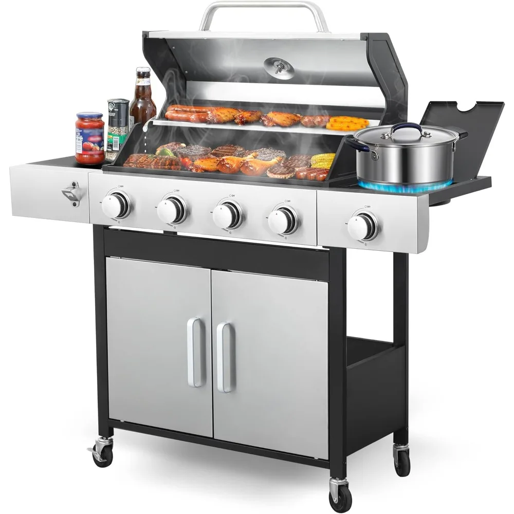 4-Burner BBQ Propane Grill- Side Table- 46,000 BTU Gas Grill- Porcelain-Enameled Grill