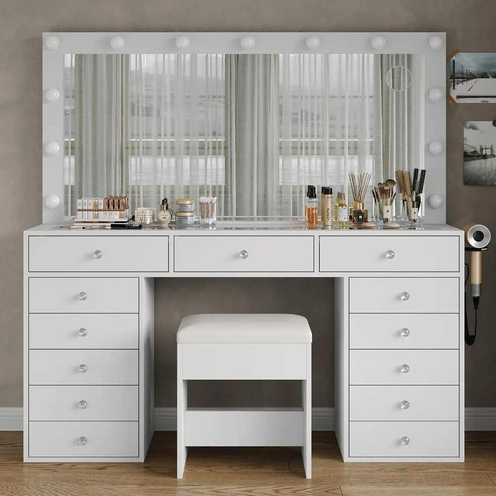 55'' W Makeup/ Vanity Desk- Power Outlet- Lighted Mirror-13-Drawers, Glass Top- 3 Lighting Modes - Image 3