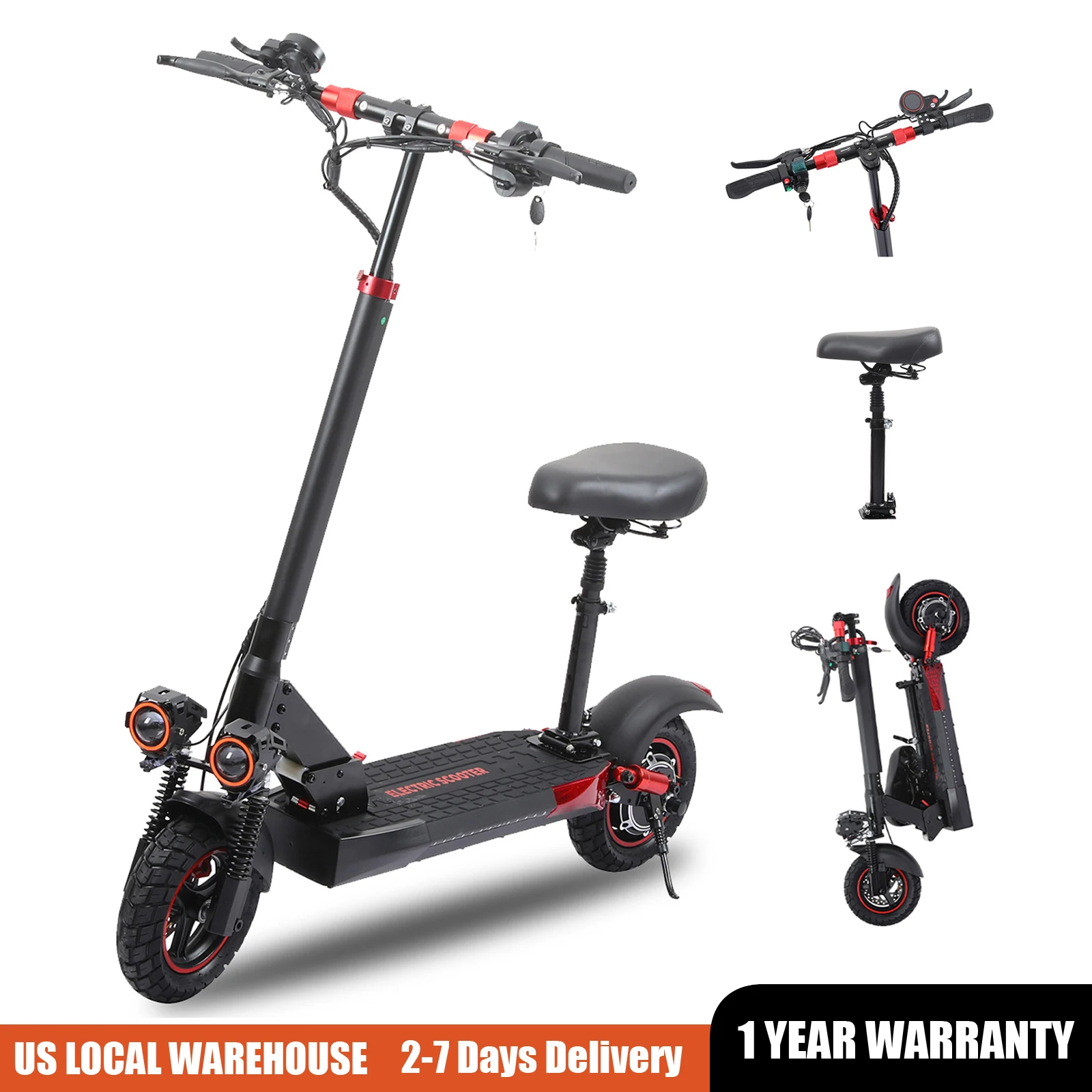 800W Portable Electric Scooter with Seat- 10" Off-Road Vacuum Tires- 30 Mile Range- Foldable E-Scooter