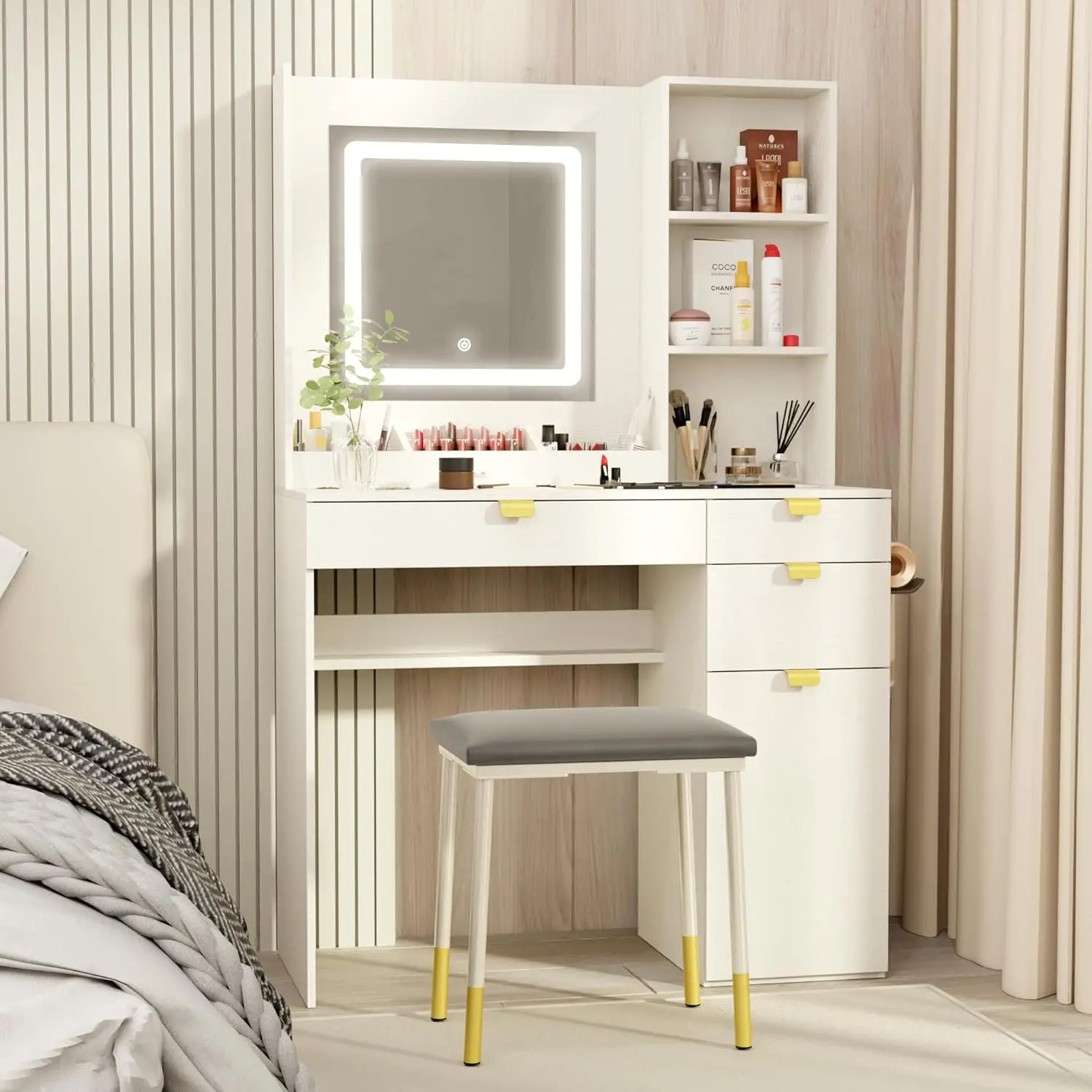 Small Wood Vanity with Mirror and Lights- White or Black- Stool - Image 7