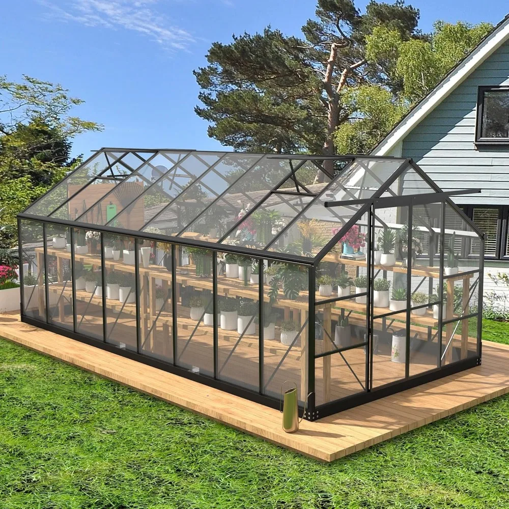 8x16 FT Polycarbonate Greenhouses- Adjustable Roof Vents- Walk-in Aluminum Frame Greenhouse