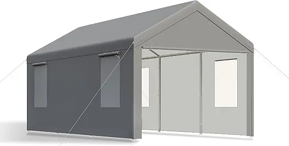 10x20 ft Grey, Heavy-duty Carport with Roll-up Windows- Portable Garage with Removable Side Walls & Doors - Image 8