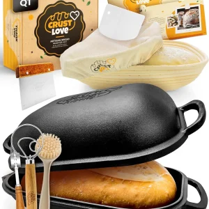Cast Iron Bread-Pan with Lid - incl. Sourdough Bread Baking Supplies - Banneton Bread-Proofing Basket - 7.2QT Bread-Oven- Baking Tools