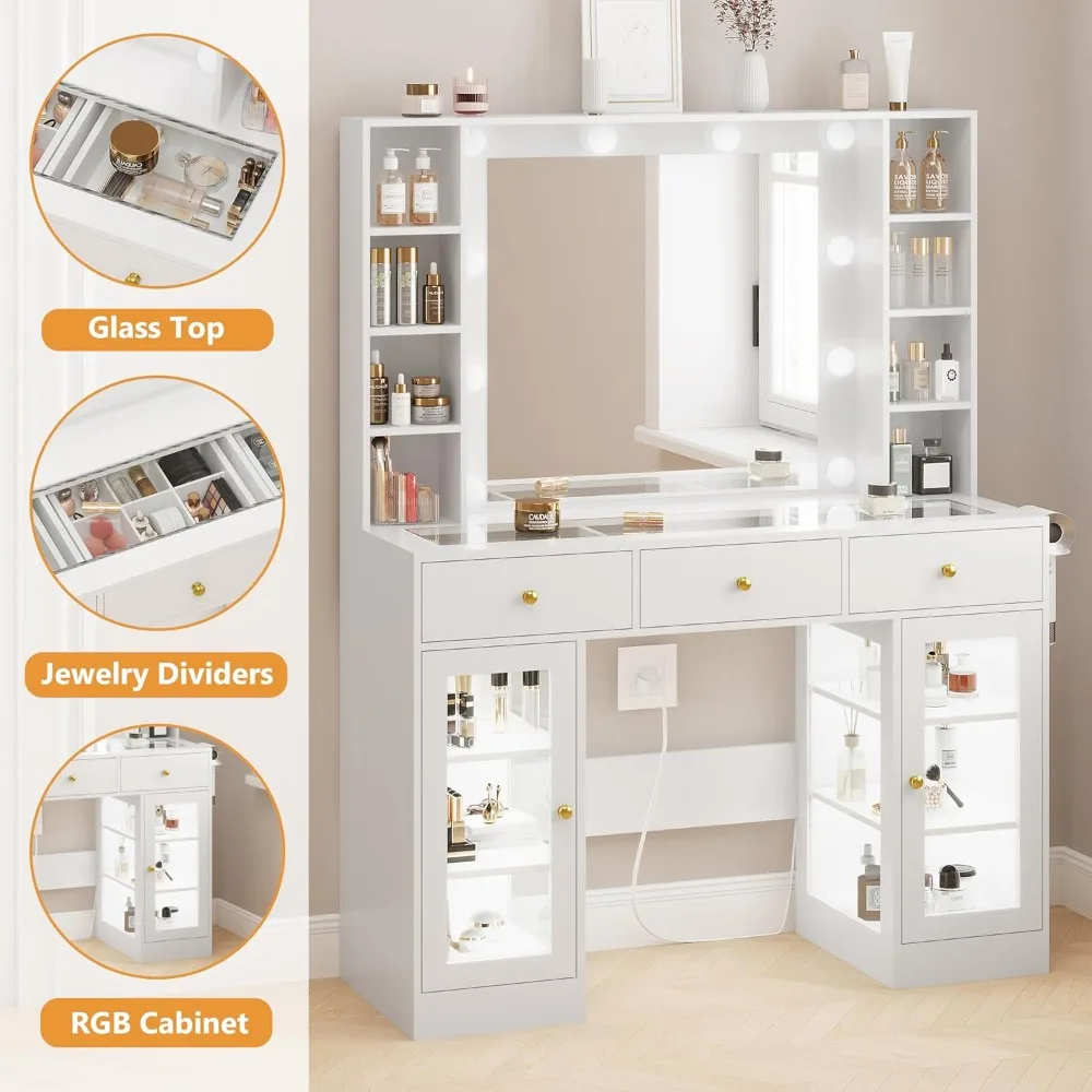 White Vanity Desk with Mirror and Lights- Glass-Top Vanity with Lighted Mirror- 3 Drawers - Image 4