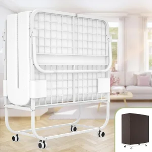 Folding Bed with Mattress for Adults, Portable Rollaway Guest Bed, Cot Size Foldable Bed with Memory Foam Mattress and Metal Fr