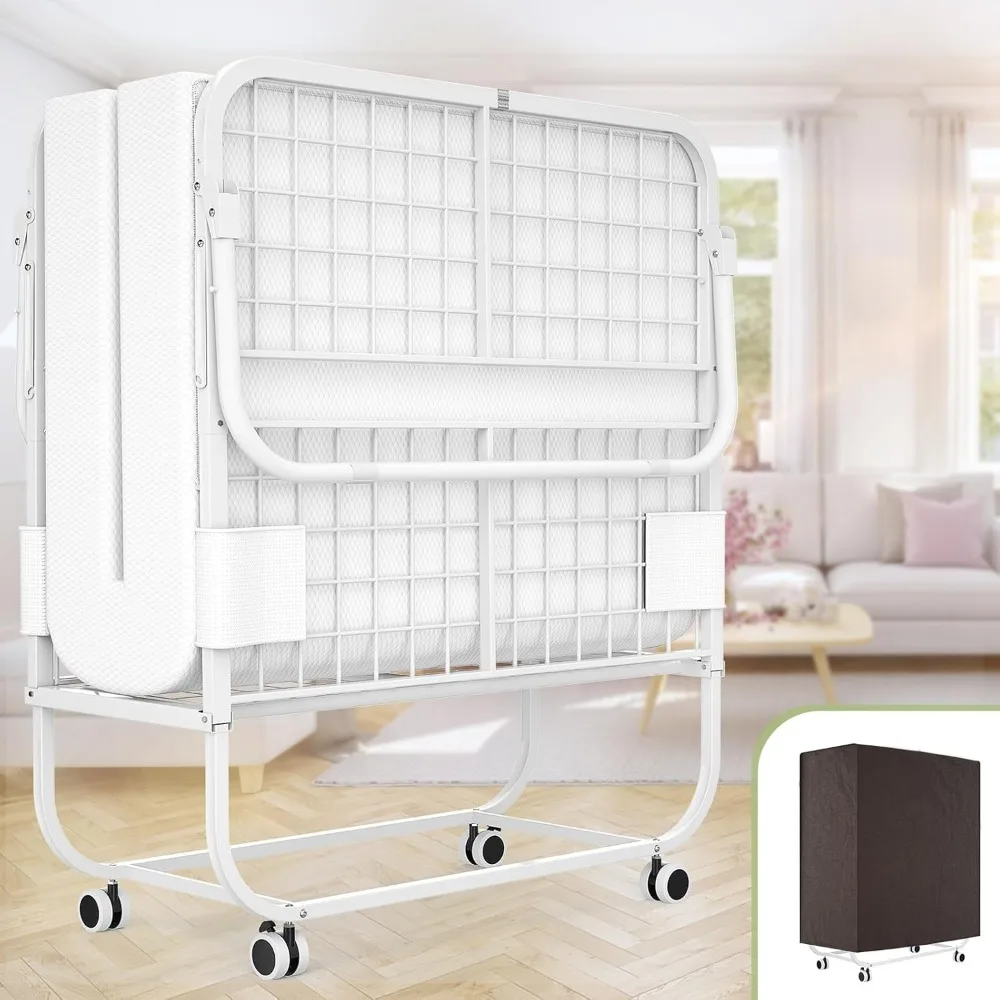 Folding Bed with Mattress for Adults, Portable Rollaway Guest Bed, Cot Size Foldable Bed with Memory Foam Mattress and Metal Fr