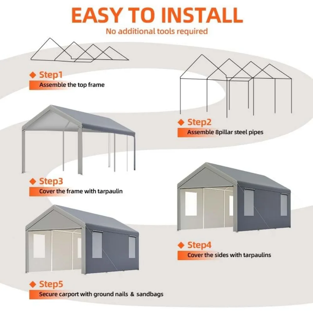 10x20 ft Grey, Heavy-duty Carport with Roll-up Windows- Portable Garage with Removable Side Walls & Doors - Image 5