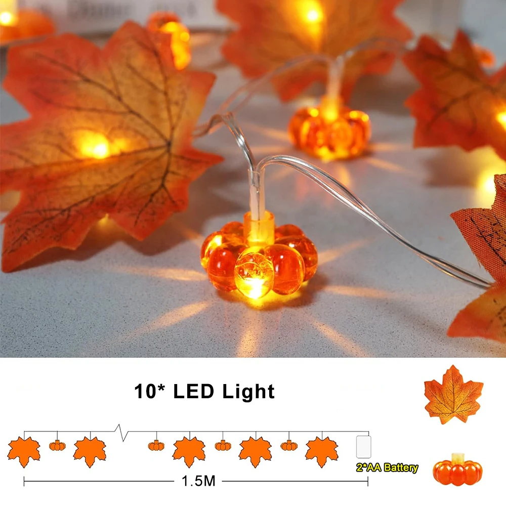 Halloween Pumpkin Maple Leaf String Lights- Artificial Autumn Leaves- LED Light String- Fall Decor - Image 6