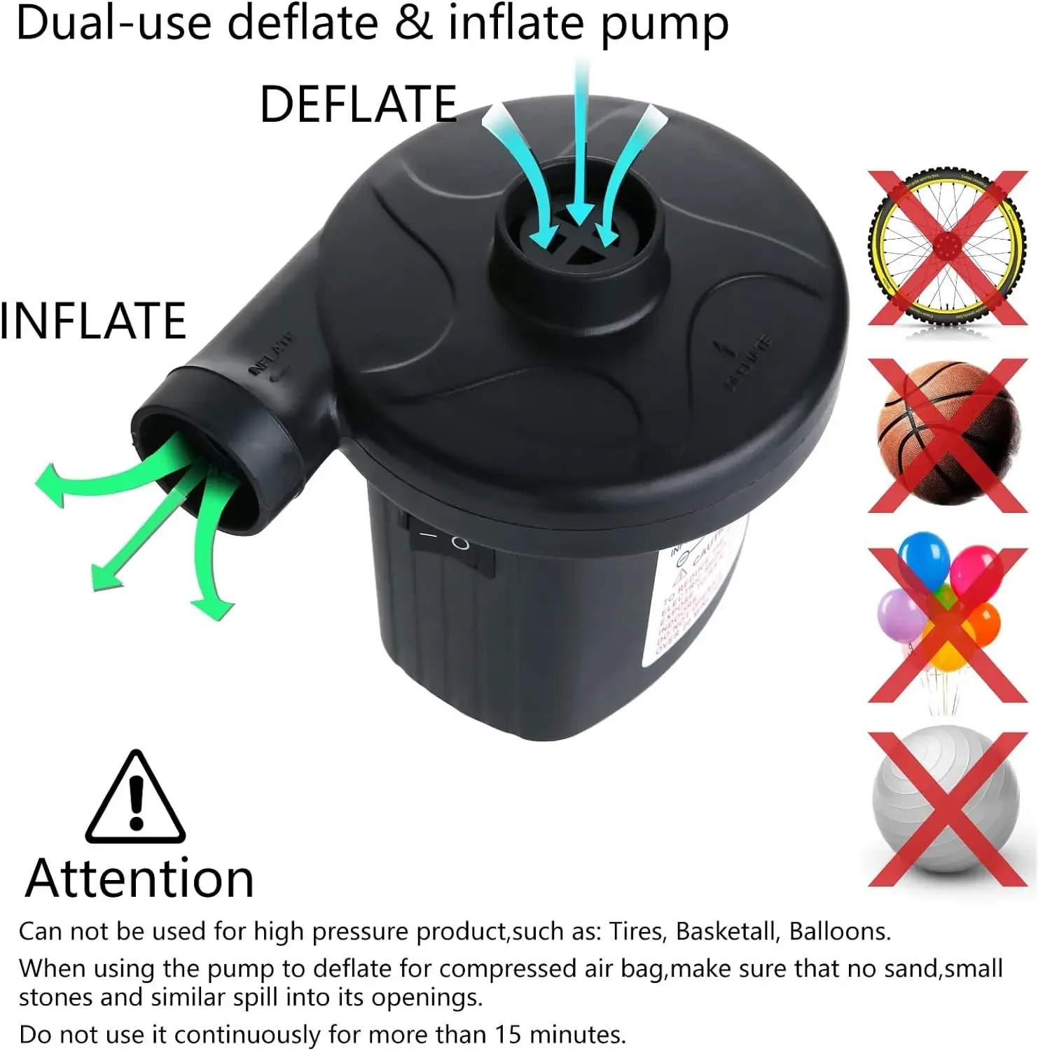 50W Electric Air Pump with 3 Nozzles -Quick 5000PA Air Pump Inflator/ Deflator- for Air Mattress Beds- Pool Toys- Raft - Image 2