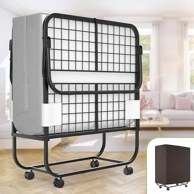 Folding Bed with Mattress for Adults, Portable Rollaway Guest Bed, Cot Size Foldable Bed with Memory Foam Mattress and Metal Fr - Image 8