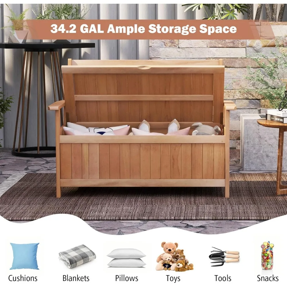 48-Inch Patio Storage Bench- Wood Storage Loveseat with 34.2 Gal Inner Space- Large Deck Box w/Slatted Backrest- Indoor Entryway - Image 6