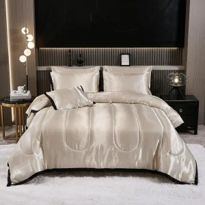 8-Piece- Satin King Comforter Set- Silk-like Beige Bedding- Luxury Hotel Silky Bed Set